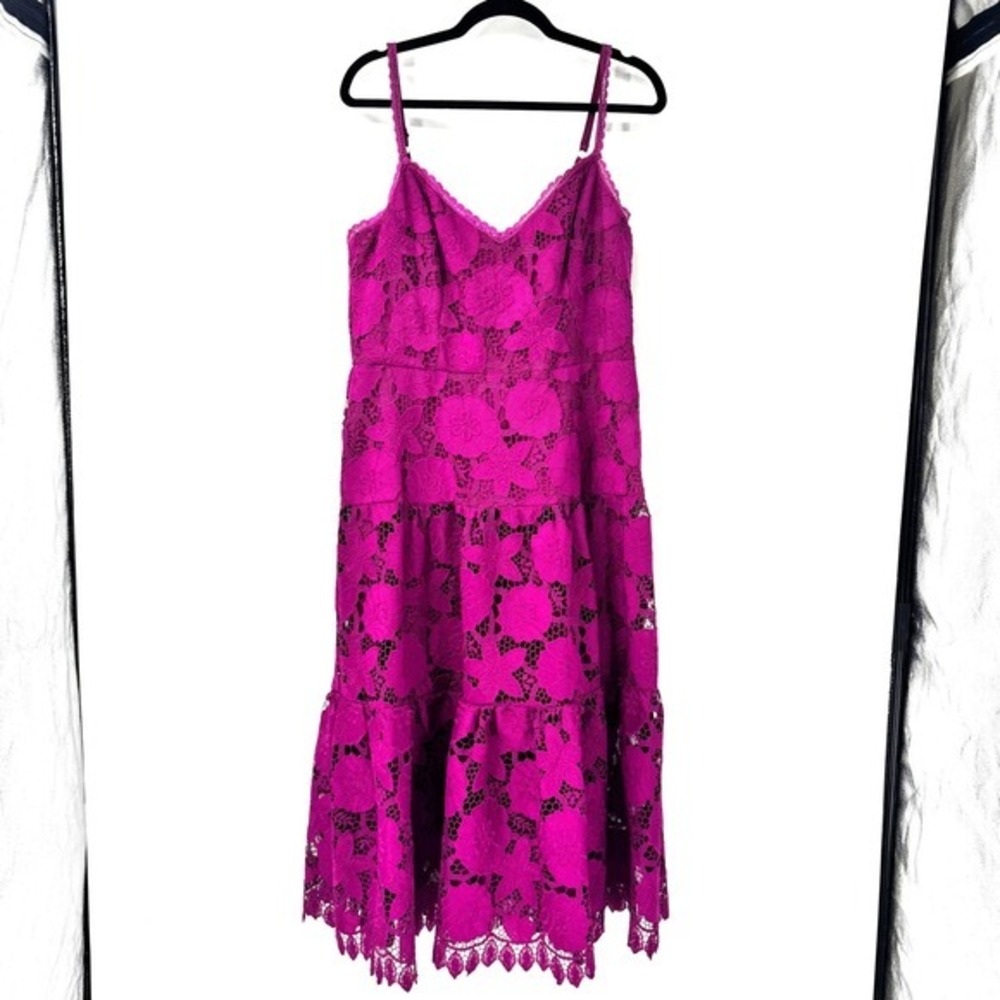 Marchesa Notte Magenta Floral Guipure Lace‎ Tiered Midi Dress N53DC2809 Size 12